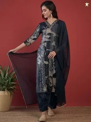 Anouk Abstract Printed Chanderi Silk Kurta With Salwar & Dupatta