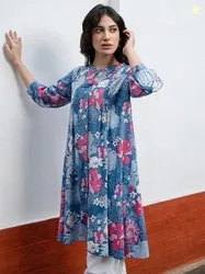 Janasya Floral Printed Mandarin Collar Pure Cotton Pleated A-Line Tuni