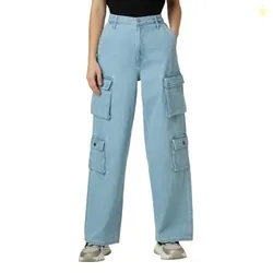 Women Blue High Waist Straight Fit Cargo Jeans