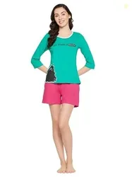 Clovia Women's Cotton Print Top & Chic Basic Shorts Set (LS0661P17_Gre