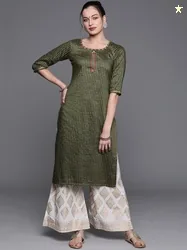 Libas Green Striped Thread Work Chanderi Silk Kurta