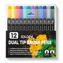 Corslet 12 Pcs Dual Tip Brush Pens Vibrant Colours for Mandala Colouri