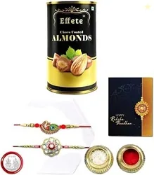 Raksha Bandhan Gift Combo  Set of 2 Rakhis (1 Round Shape & 1 Mayur Design) with Almond Chocolate (96g), Silver Colour Coin & Greeting Card