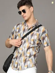 HERE&NOW White & Yellow Colour Geometric Printed Spread Collar Slim Fi