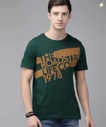 Roadster Men Printed Round Neck Pure Cotton Dark Green T-Shirt