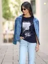 Roadster Women Printed Round Neck Pure Cotton Dark Blue T-Shirt