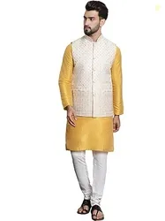 SOJANYA (Since 1958 Men's Silk Blend Mustard Kurta and Off-White Pyjam