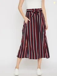 RARE Women Maroon & Navy Blue Striped A-Line Maxi Skirt
