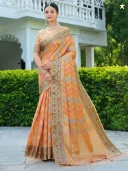 Satrani Orange & Gold-Toned Floral Woven Design Zari Organza Banarasi
