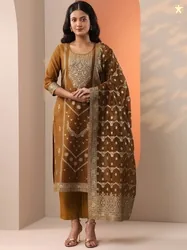 Libas Ethnic Motifs Woven Design Round Neck Zari Kurta With Trousers &