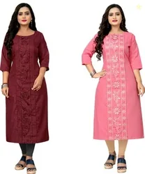 Hetsa Women Embroidered Cotton Blend Straight Kurta (Dark Green)