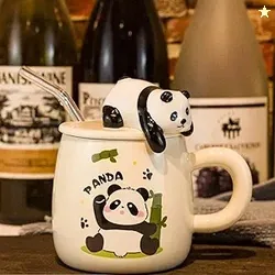Vasukie 3D Panda Ceramic Coffee Mug with Lid & Glass Spoon Gift for Br