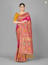 MONJOLIKA FASHION Magenta & Green Woven Design Zari Silk Blend Banaras