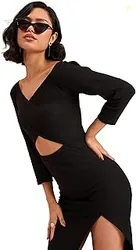 Black Rib Side Slit Wrap Neck Cut-Out Midi Dress