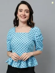 Kotty Blue Polka Dot Printed Crepe Peplum Top