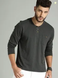 Roadster Men Self Design Henley Neck Pure Cotton Grey T-Shirt