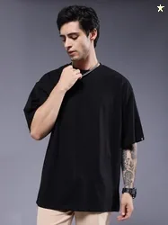 PRONK Men Solid Round Neck Cotton Oversized T-shirt