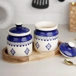 The Earth Store Blue Drape Ceramic Jar with Wooden Tray | 650ml Each |
