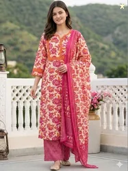Anouk Women Floral Printed Regular Pure Cotton Kurta with Palazzos & W