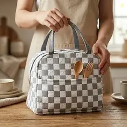 The Earth Store White Check Insulated Lunch Bag for Office Men, Women | Travel Tiffin Bag with Handle, Waterproof & Leakproof | Reusable Thermal Lunch Box Bags