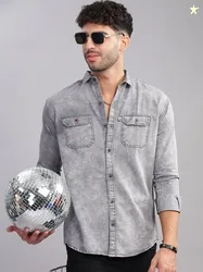 AIDAN PAUL Men Relaxed Cutaway Collar Faded Denim Casual Shirt