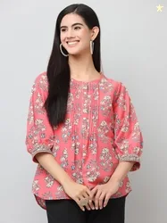 SAVI Floral Printed Puff Sleeve Cotton Top