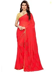 AKHILAM Women's Floral Chiffon Embellished Zari Border Saree With Unst