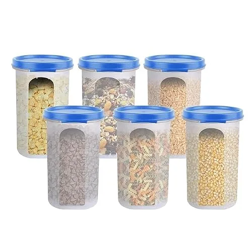 LUXART Round Modular Container Set | Airtight Plastic Kitchen Storage Jars | Pack of 6 | BPA-Free Food Grade Material for Fresh Pulses | Spices & Snacks, Stackable Space-Saving Design |