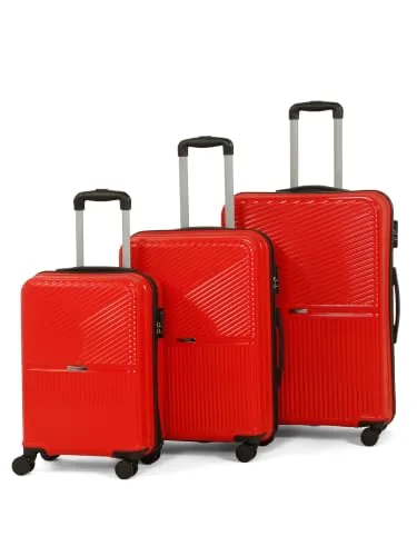 Teakwood Set of 3 8 Wheels Trolley Bag, Hard Cabin with Zipper Closure, Adjustable Push Button & Cross Side Strap, Number Lock System 360 Degree (Set of 3, Red)