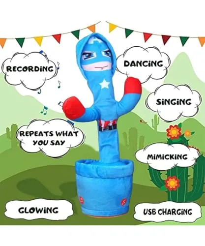 HOMOZE Talking Dancing Cactus Toy with Recording & Voice Repeat Function | USB Rechargeable Musical Plush Toy with LED Lights | Singing, Mimicking & Wiggling Interactive Cactus Doll for Kids, Babies