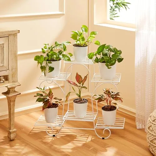 Amazon Basics Metal Planter Stand for Living Room, Indoor Outdoor Plant Stand for Balcony and Home Decor, Holds 6 Planters, White