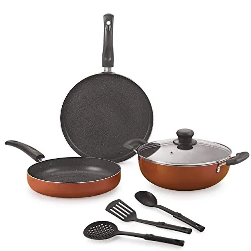 Nirlon Brownie Granite 7-Piece Aluminum Non Stick Cookware Combo Gift Set (Compatible with Gas & stovetops)