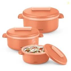 MILTON Micronova Jr. Gift Set Inner Stainless Steel Casserole, Set of 3 (380 ml, 775 ml, 1345 ml), Peach, BPA Free, Food Grade, Hot and Cold, Microwav