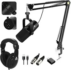 Audio Array Professional Dynamic Studio Bundle with Headphones  USB/XLR Dynamic Microphone, Boom Arm, Monitoring Headphones | 24-bit/192kHz, Plug & P
