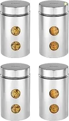Drip Window Steel Jacketed Glass Jar | Multipurpose Kitchen Organizer With See-Through Window | 1200 Ml Set Of 4 - Silver