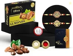 Chocolate with Rakhi Set for Brother - Lord Ganpati & Peacock Design Rakhi Set of 2 with Choco Coated Almonds (32 GM), Silver Colour Pooja Coin & Gree