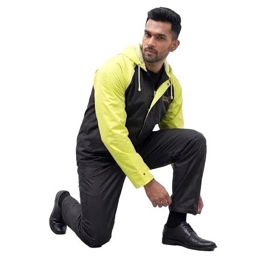 Roughhouse Raincoat for Men & Women Heavy Duty Waterproof Rain Suit with Jacket & Pant for Bike Riding | Hooded High-Visibility Unisex Raincoat | Foldable Monsoon Rain Coat — Charcoal & Neon, Size 3XL