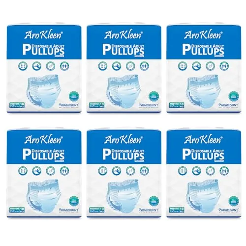 AROKLEEN Premium Adult Pull-Up Diaper Pants Medium Size, 60 Count | Waist Size 61-115 CM | 24"-45" Inches | Unisex | High Absorbency | Leak-Proof Protection Pack of 6