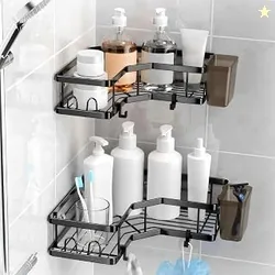 Moforoco Bathroom Corner Shelves Organiser Without Drill | Bathroom Accessories with Hooks | Self Adhesive Bathroom Shelf for Wall Black Pack of 2