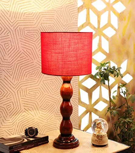 tu casa Red Cotton Shade with Brown Mango Wood Base Table Lamp | Elegant Bedside & Desk Lamp for Bedroom, Living Room, Office, Home Décor & Gifting (Height : 21 Inch/No Blub Included)