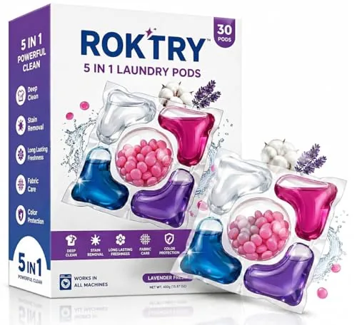 ROKTRY 5-in-1 Laundry Detergent Pods 30 Pods Commercial Mega Pack Ultra Concentrated Washing Capsules Heavy Stain Remover, Cost-Effective & Quick Dissolving Liquid Pods Universal Fit Front & Top Load