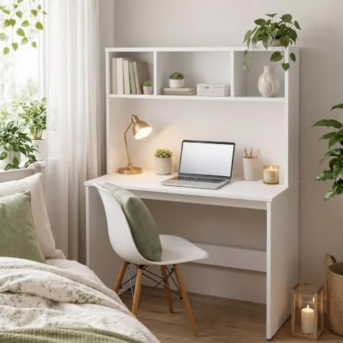 Andca Aura Study Table with 3-Cubby Bookshelf Hutch - Modern Wooden Computer Desk for Home Office & Bedroom | Premium Engineered Wood, Frosty White (80 x 45 x 120 cm)