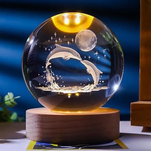 ISIRONA Crystal 3D Galaxy Ball Night Light Table Lamp, Dolphin with Moon