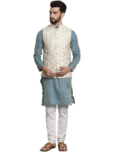 SOJANYA (Since 1958 Men's Ethnic Motifs Blue Woven Design Silk Blend Kurta with Pyjamas & Cream Nehru Jacket Size-38