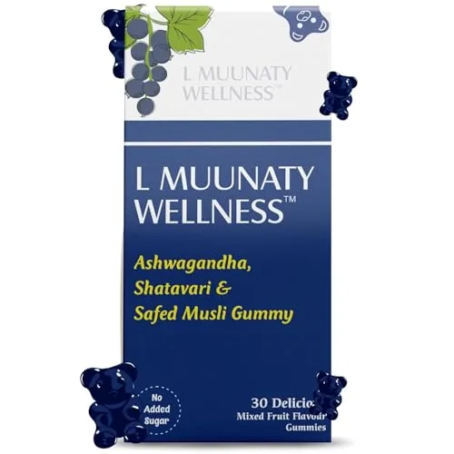 L MUUNATY WELLNESS - Daily Wellness Ashwagandha Gummies for Men & Women | Stress Relief, Energy & Vitality Support | Mixed Fruit Flavor | No Added Sugar | Vegan | Gluten free | 30 Gummies | Ashwagandha, Shatavari & Safed Musli