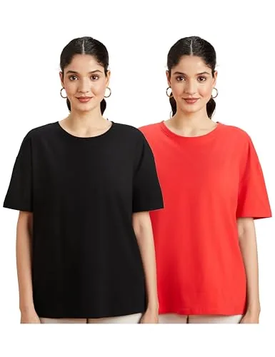 Amazon Brand - Symbol Women's Cotton Stretch Oversized Fit Round Neck Half Sleeve T-Shirt (Combo Pack of 2) (TS-8 Cont_Black & RED_S)