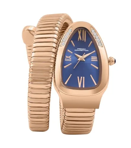 French Connection Eternelle Curve | Blue Dial with Rose Gold Case | Flexible Wrap Bracelet Strap | Crystal Accent Design | Roman Numerals Analog Watch for Women - FCN0142URGM