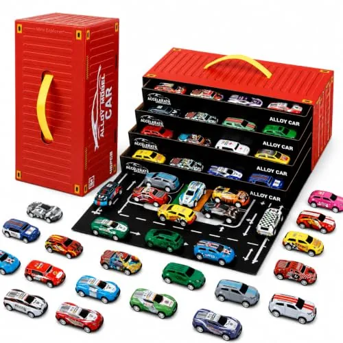 MiniExplorer 48 Pcs Pull Back Cars Set for Kids | Racing Toy Cars Bulk Pack with Storage Container & Play Mat | Mini Alloy Vehicle Set for Boys & Girls 3-8 Years | Return Gifts, Party Favors