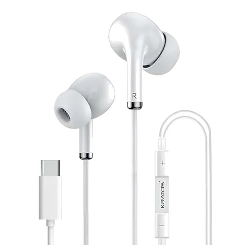 Kratos Tune V5 C Type Earphones Wired, Deep Bass Drivers Earphone, Inline Control Type c Headphones with Mic, Sweat Resistant, Comfort Fit Type c Earphone with Volume Control,Metallic c pin Earphones