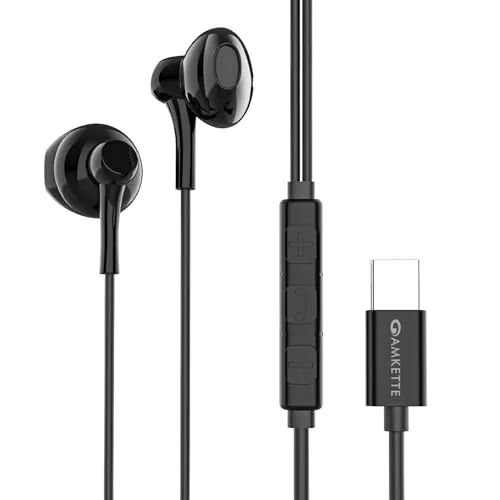 Amkette Trubeats M11 Type C Earphones with Mic,14mm Drivers, 3 Button Control, AI Assistants, Detachable Collar Clip, Type C Headphones with Ergonomic Earbuds Compatible with C Type Devices,1.2m,Black